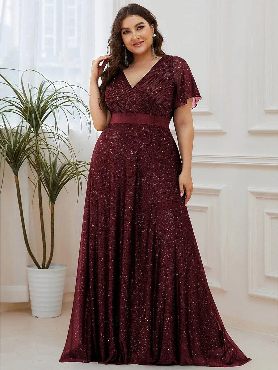 Sparkling Short Sleeve V-Neck Ribbon Waist A-Line Bridesmaid Dress