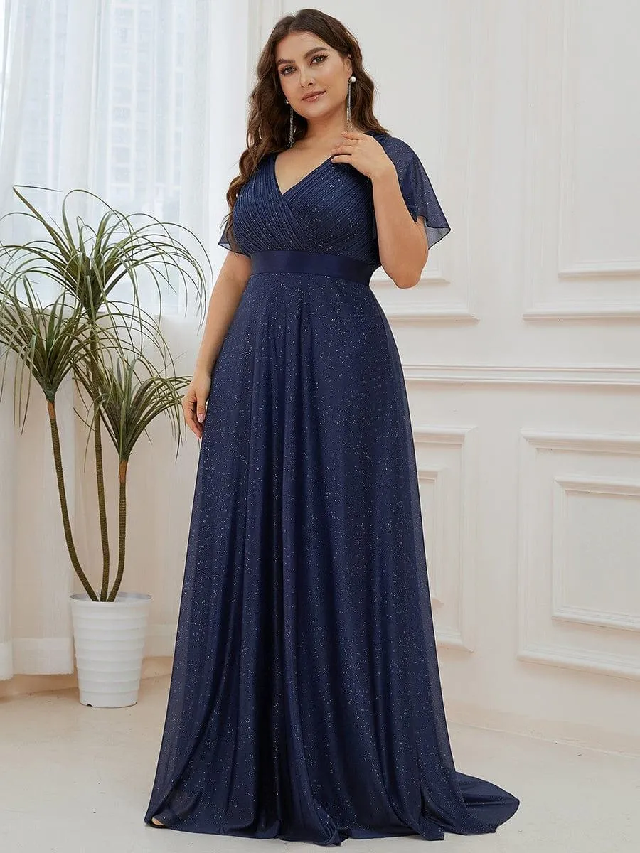 Sparkling Short Sleeve V-Neck Ribbon Waist A-Line Bridesmaid Dress