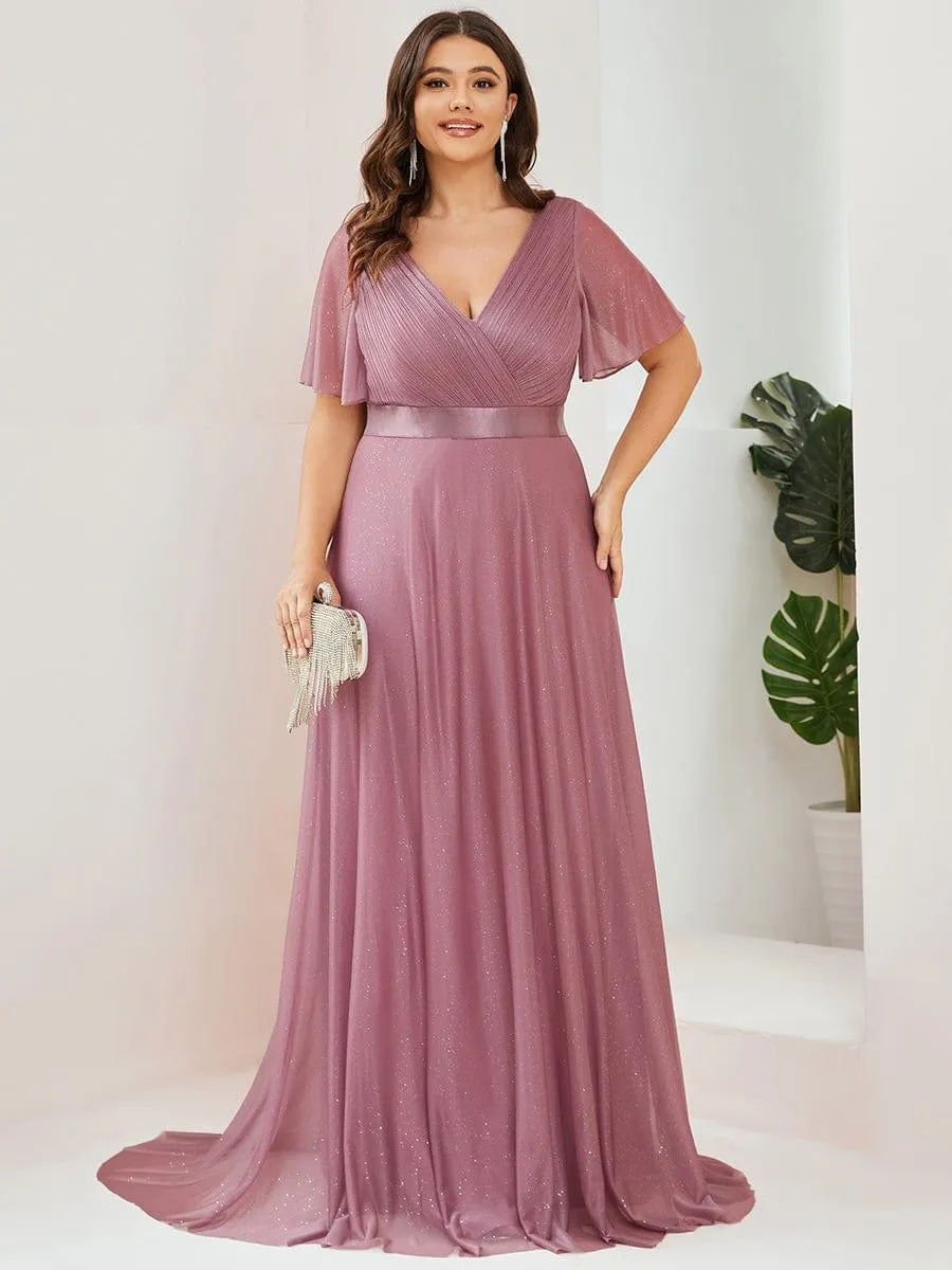 Sparkling Short Sleeve V-Neck Ribbon Waist A-Line Bridesmaid Dress