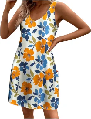 Stessotudo Sundress for Women Sleeveless Floral Print Midi Dress Boho Summer Dresses Flowy Beach Vacation Resort Wear