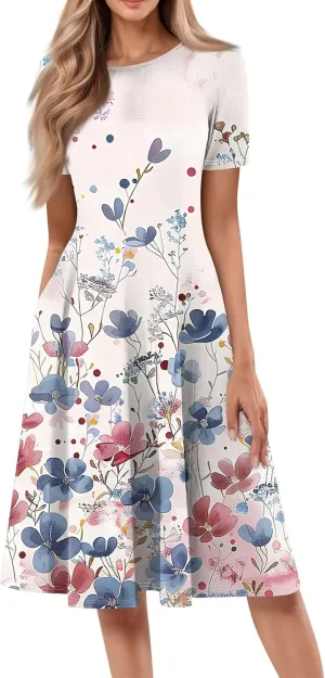Summer Dresses for Women 2025 Empire Waist Crewneck Short Sleeve Midi Sun Dress Vacation A Line Dress Side Pockets