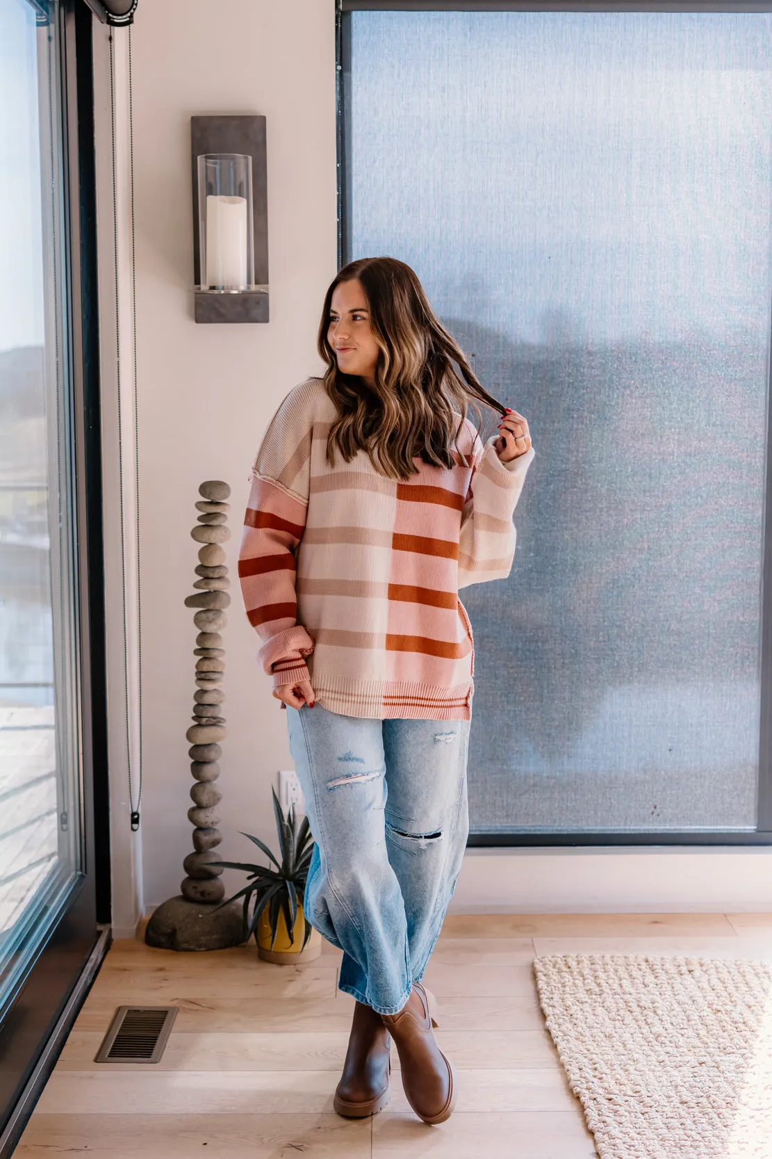 Teagan Color Block Striped Sweater | Ecru