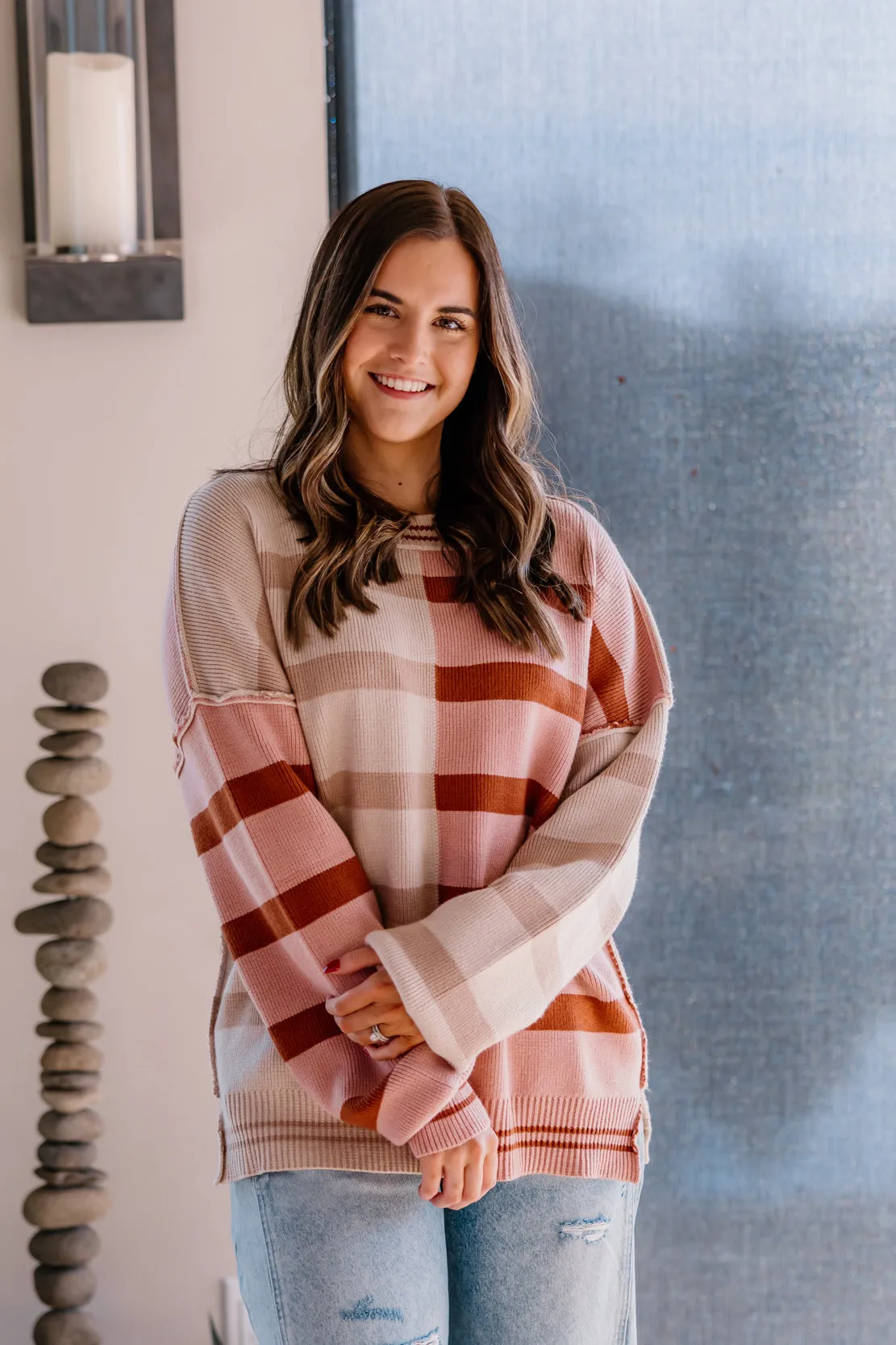Teagan Color Block Striped Sweater | Ecru