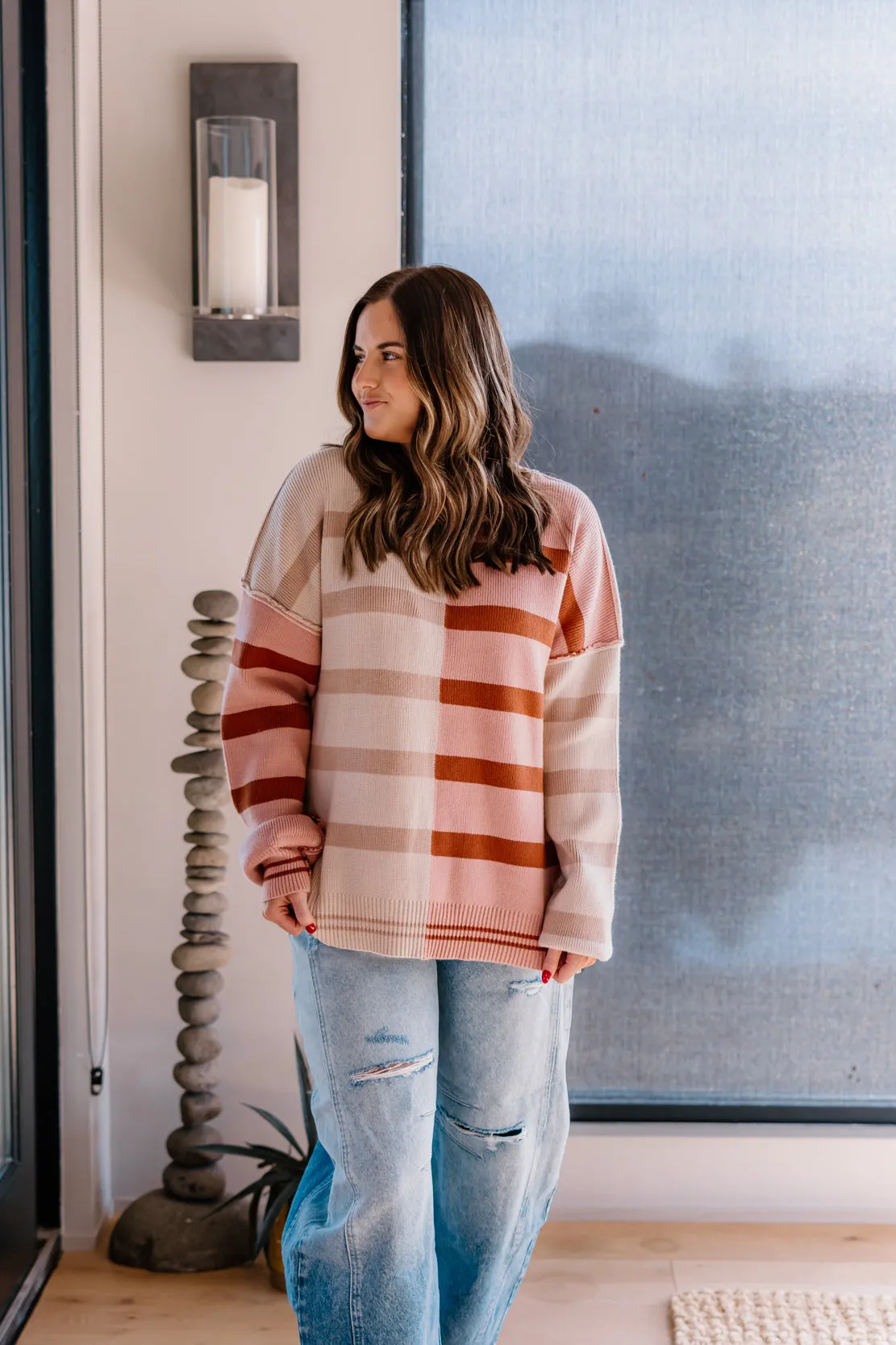 Teagan Color Block Striped Sweater | Ecru