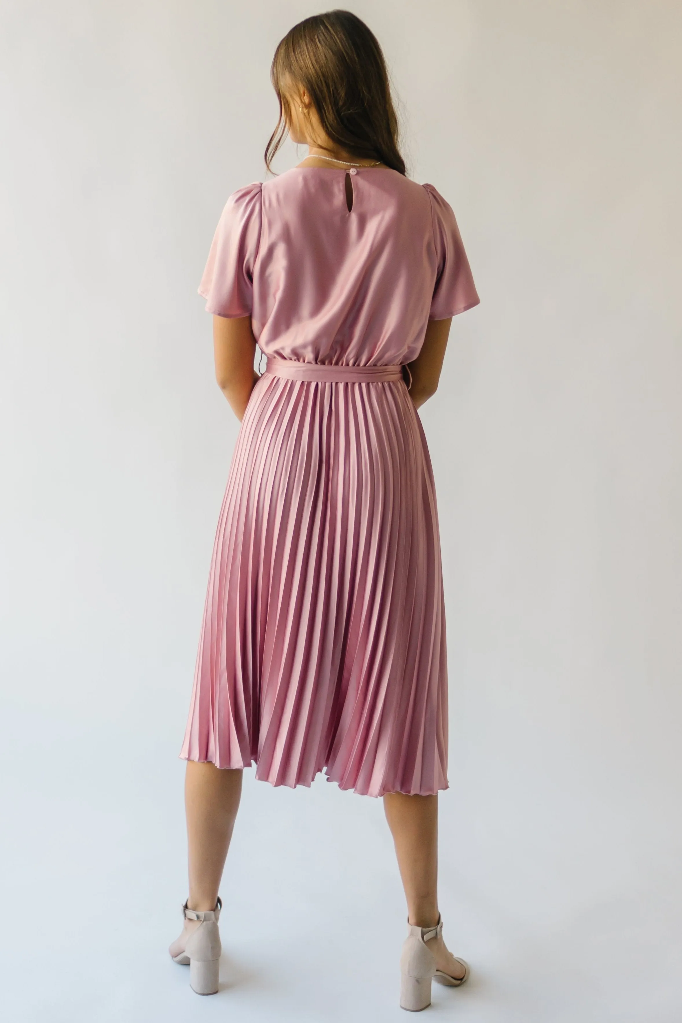 The Schertz Satin Pleated Midi Dress in Dusty Mauve