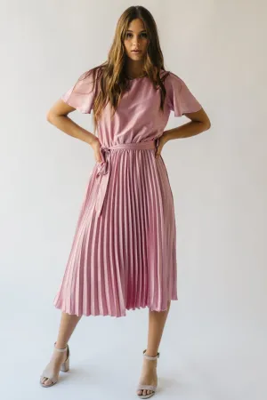 The Schertz Satin Pleated Midi Dress in Dusty Mauve