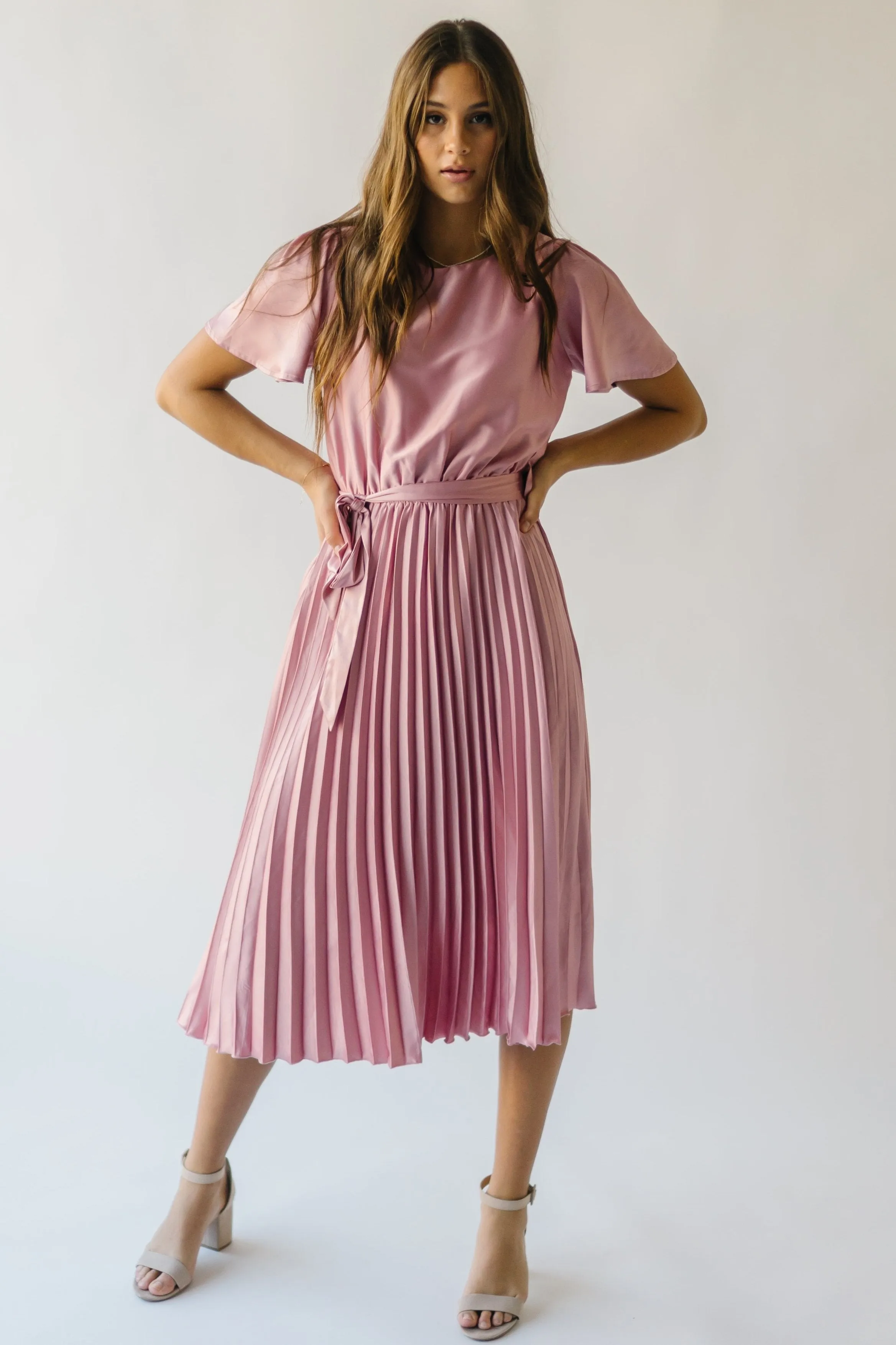 The Schertz Satin Pleated Midi Dress in Dusty Mauve