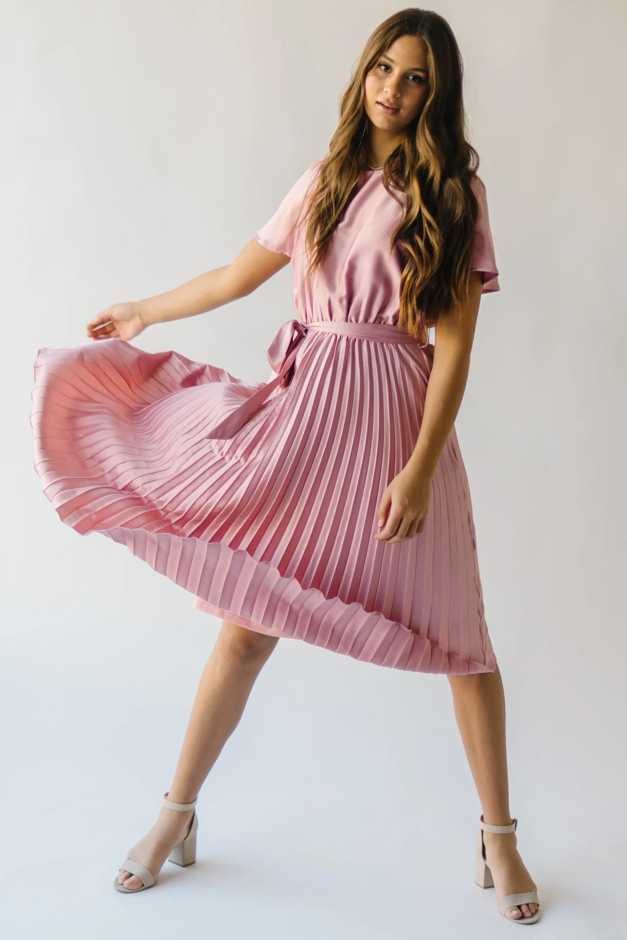 The Schertz Satin Pleated Midi Dress in Dusty Mauve