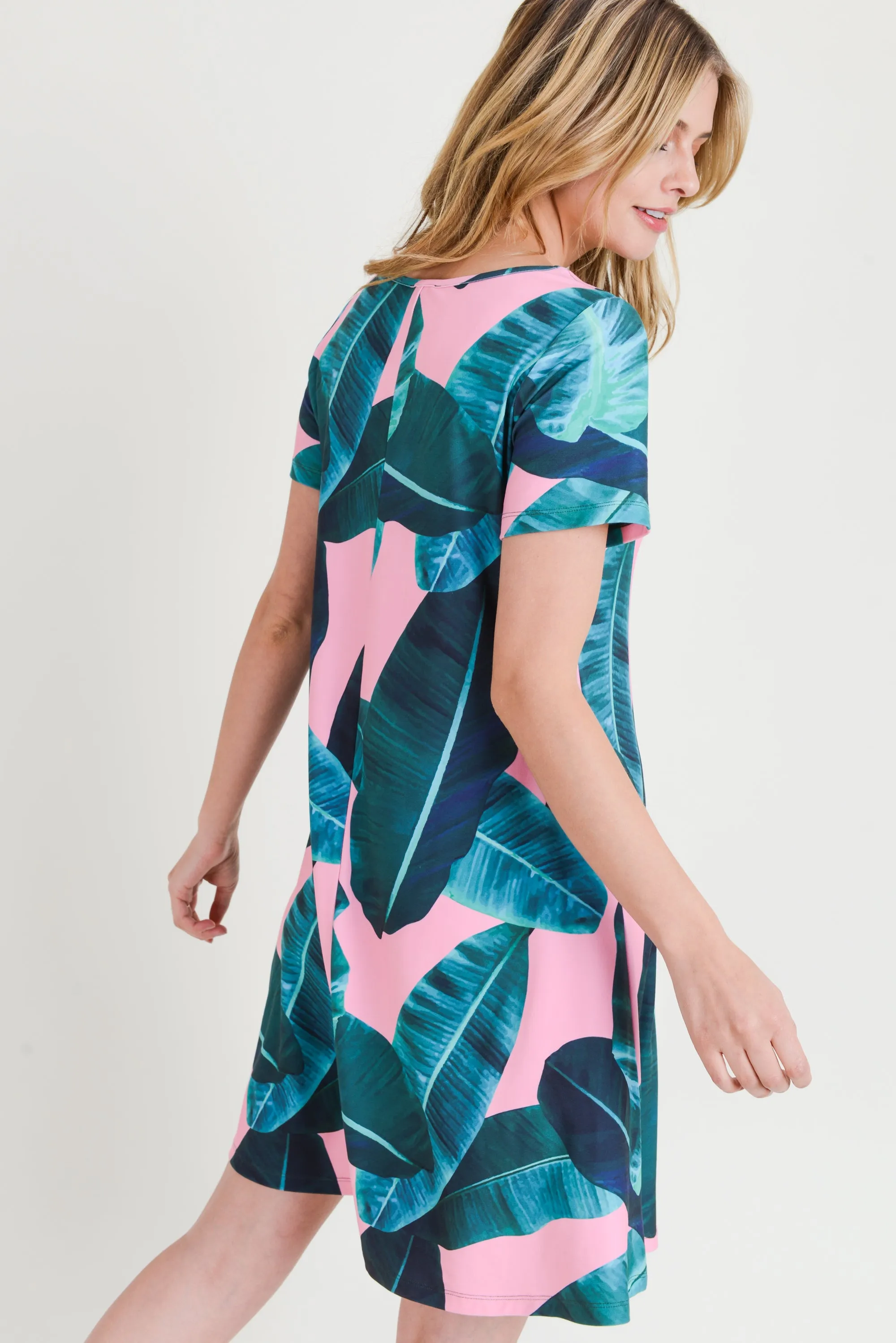 Tropical Resort Palm Leaf Print Short Sleeve Swing Dress