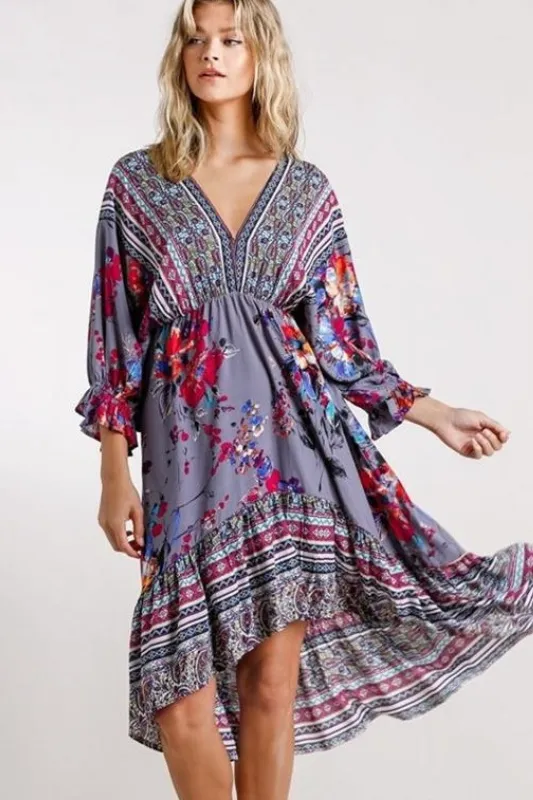 Umgee Mixed Print Hi Lo Midi Dress - Grey Combo