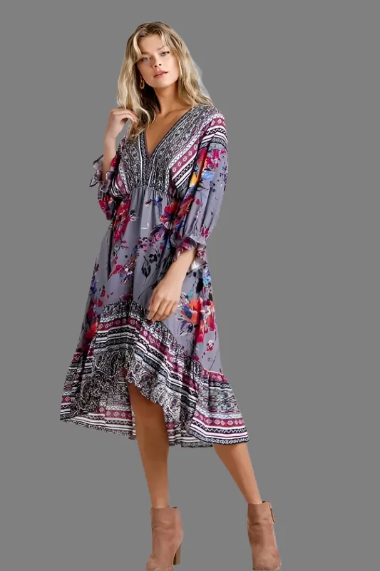 Umgee Mixed Print Hi Lo Midi Dress - Grey Combo