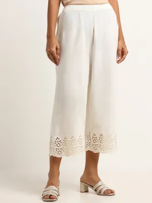 Utsa Off-White Crochet-Detailed Cotton-Blend Palazzos