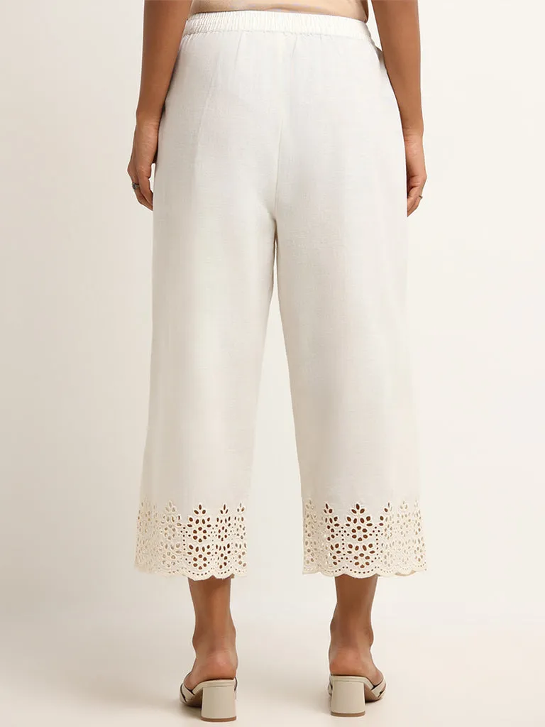 Utsa Off-White Crochet-Detailed Cotton-Blend Palazzos
