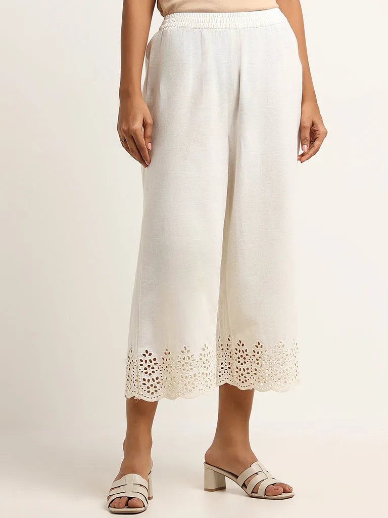 Utsa Off-White Crochet-Detailed Cotton-Blend Palazzos