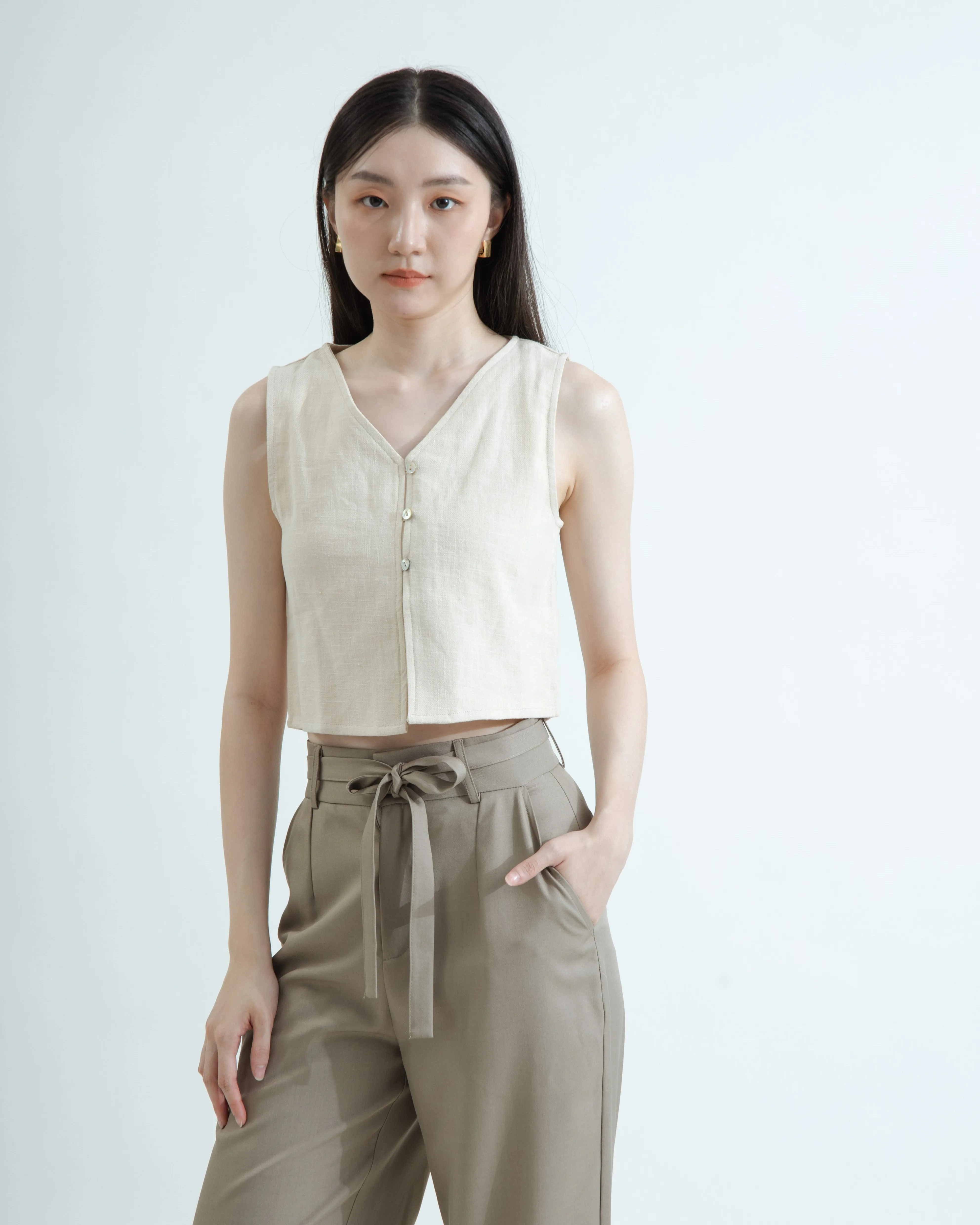 V-neck Button Down Sleeveless Linen Top (Beige)