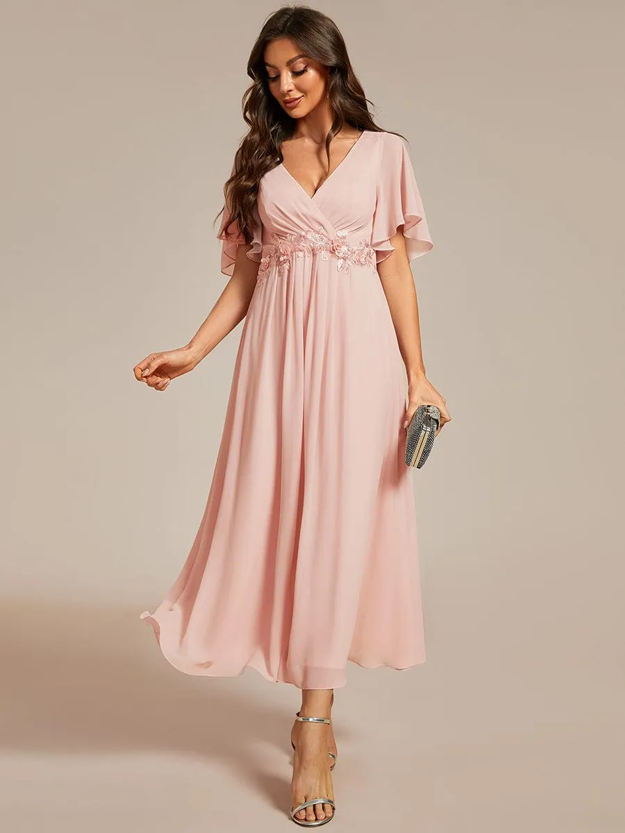 V-Neck Chiffon Midi Dress with Waist Applique In Pink