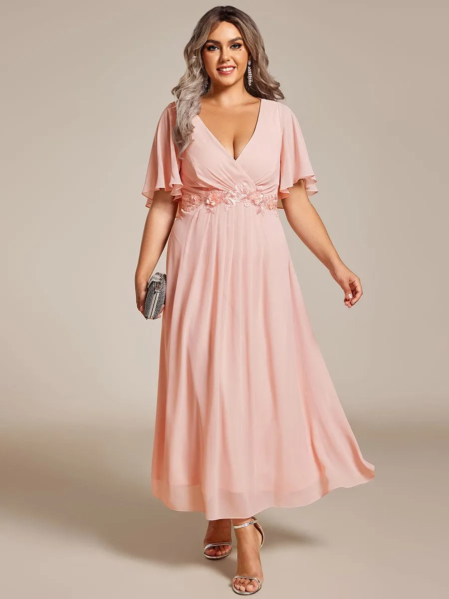 V-Neck Chiffon Midi Dress with Waist Applique In Pink