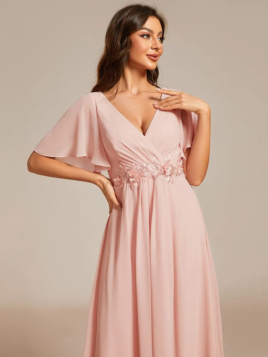 V-Neck Chiffon Midi Dress with Waist Applique In Pink