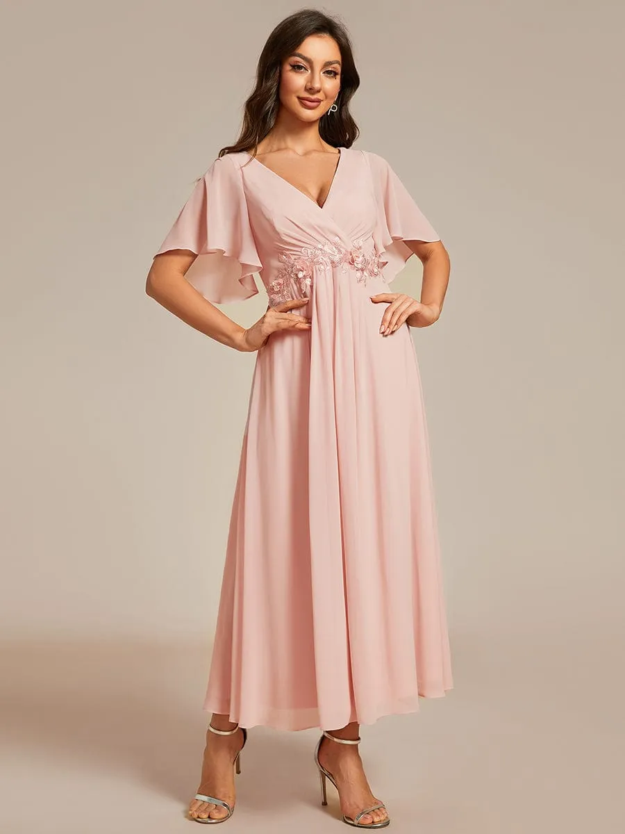 V-Neck Chiffon Midi Dress with Waist Applique In Pink
