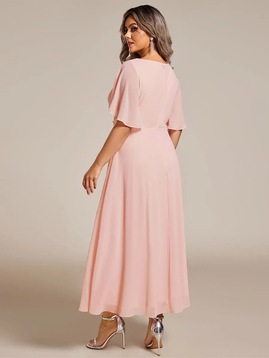 V-Neck Chiffon Midi Dress with Waist Applique In Pink