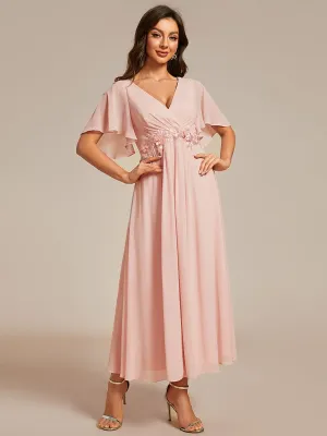 V-Neck Chiffon Midi Dress with Waist Applique In Pink