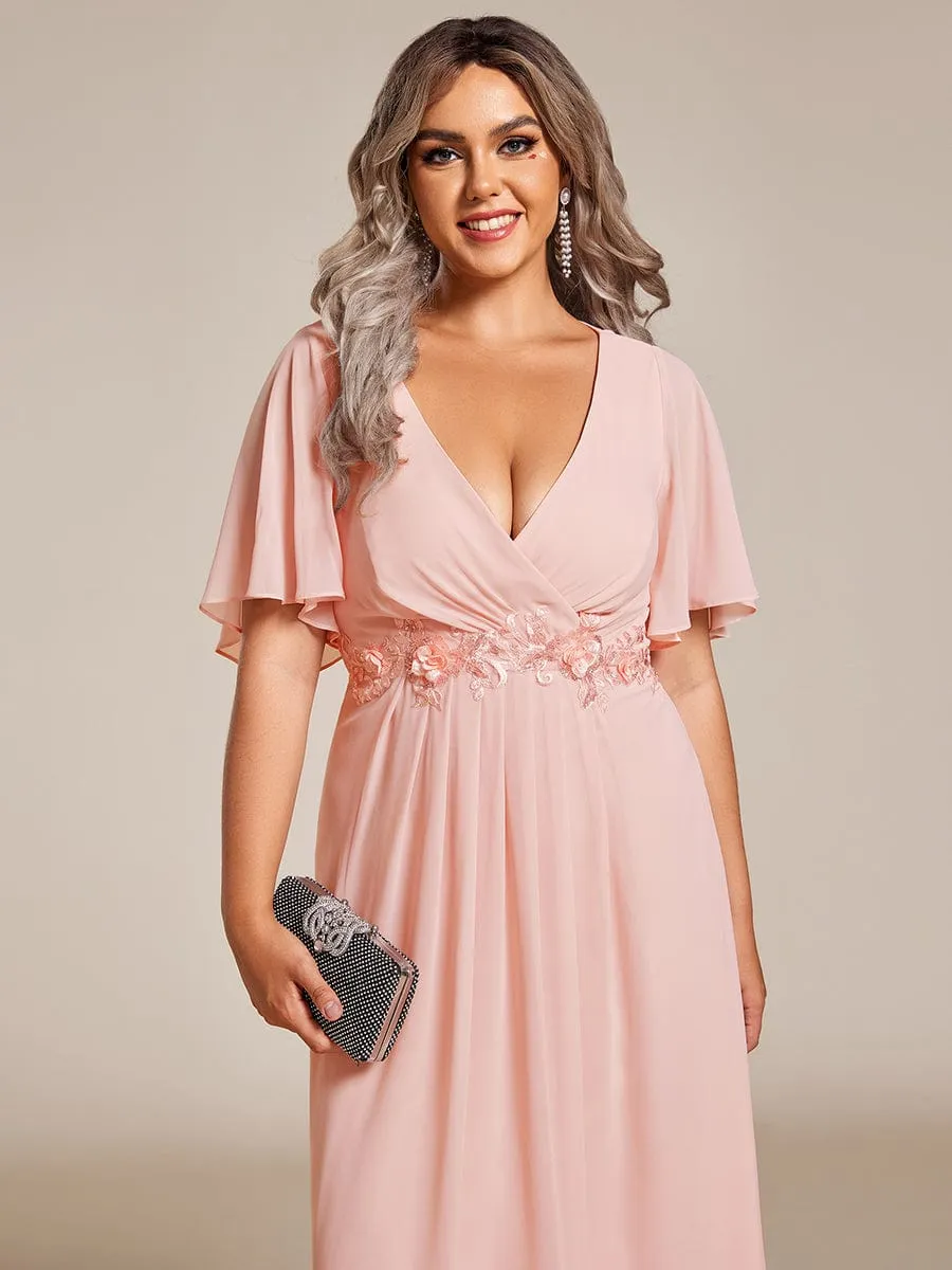 V-Neck Chiffon Midi Dress with Waist Applique In Pink