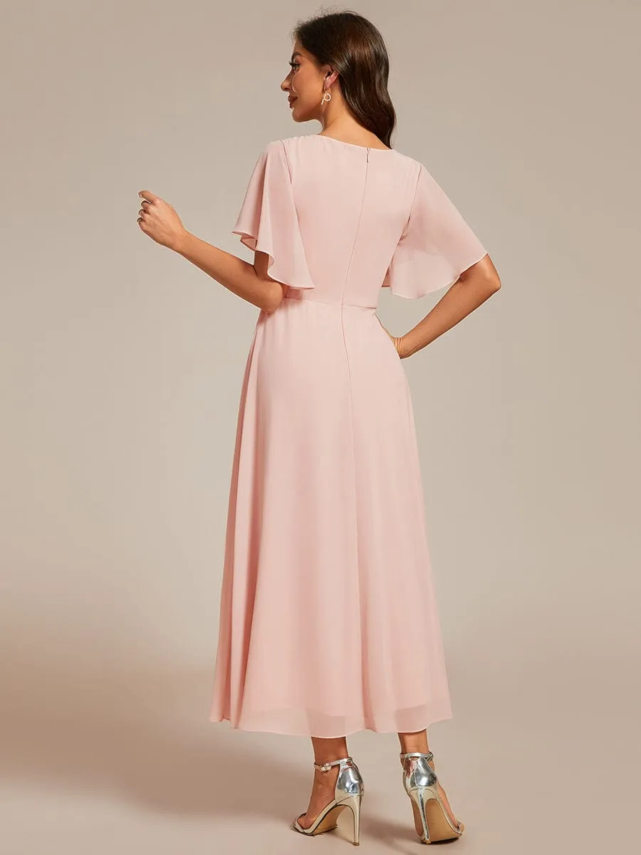V-Neck Chiffon Midi Dress with Waist Applique In Pink