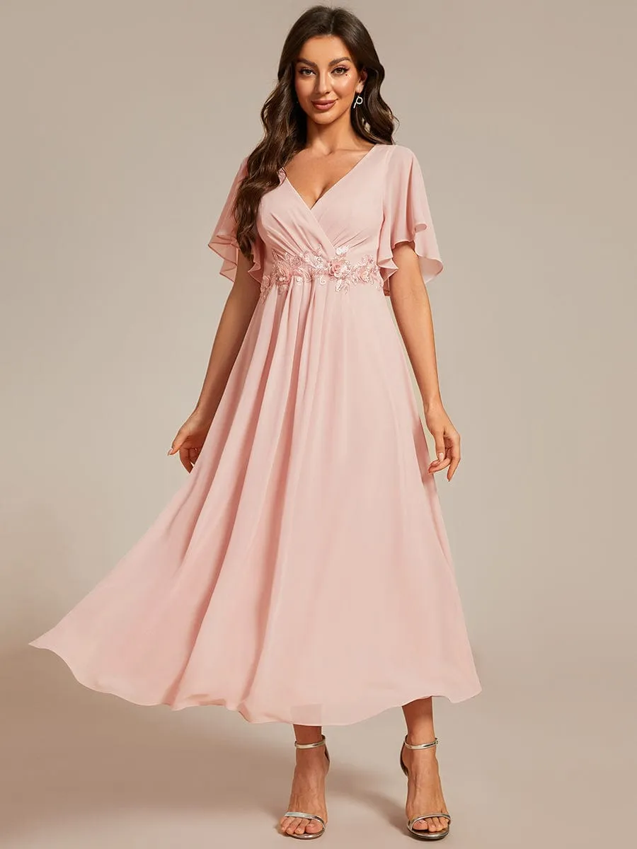 V-Neck Chiffon Midi Dress with Waist Applique In Pink