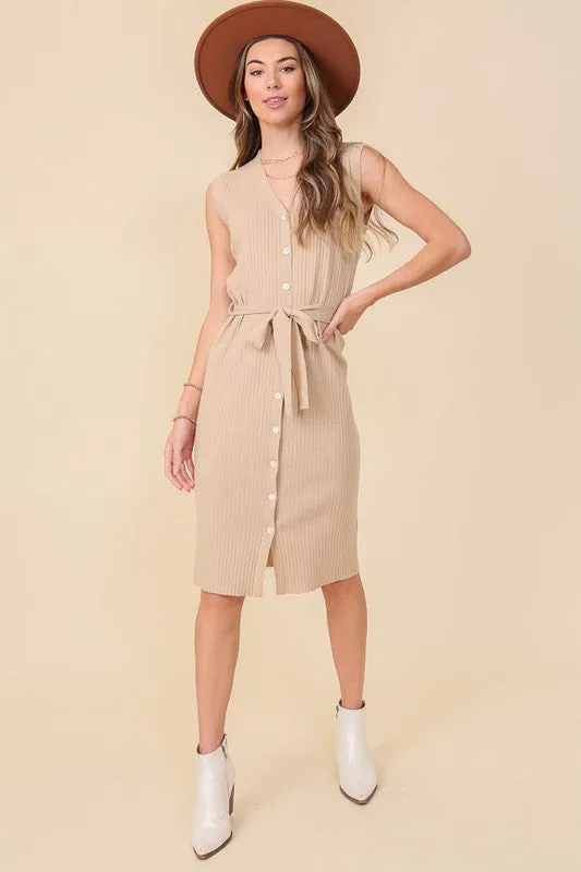 V-Neck Sleeveless Knee Length Dress W/Waist Tie