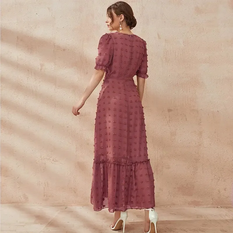 V Neck Swiss Dot Maxi Dress