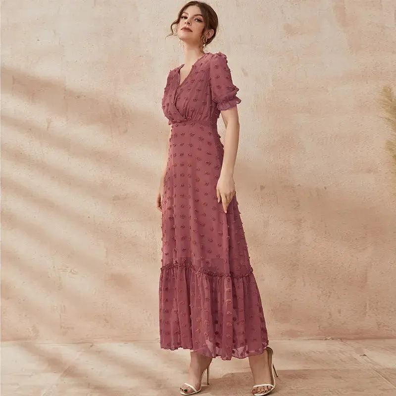 V Neck Swiss Dot Maxi Dress