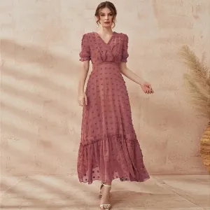V Neck Swiss Dot Maxi Dress