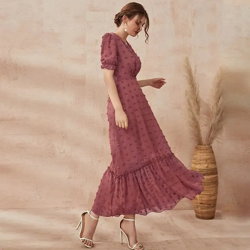 V Neck Swiss Dot Maxi Dress
