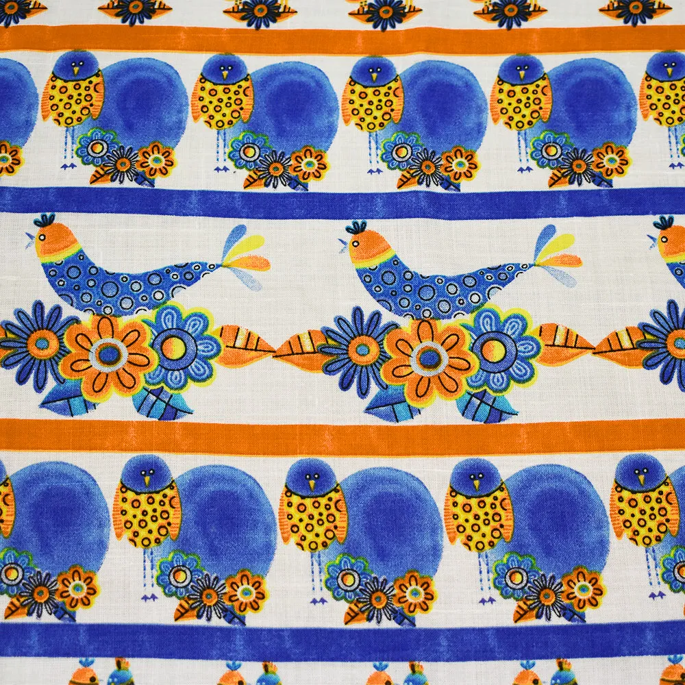 White-Blue-Orange Birds Flower Stripe Pattern Printed Linen Woven Fabric