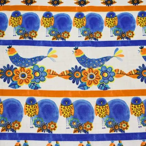 White-Blue-Orange Birds Flower Stripe Pattern Printed Linen Woven Fabric