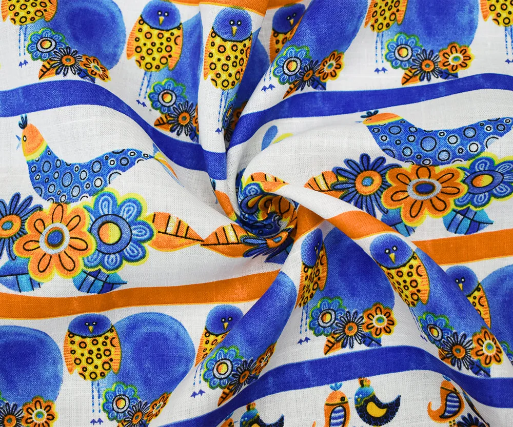 White-Blue-Orange Birds Flower Stripe Pattern Printed Linen Woven Fabric