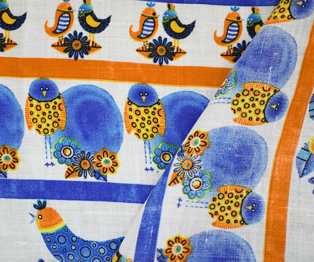 White-Blue-Orange Birds Flower Stripe Pattern Printed Linen Woven Fabric