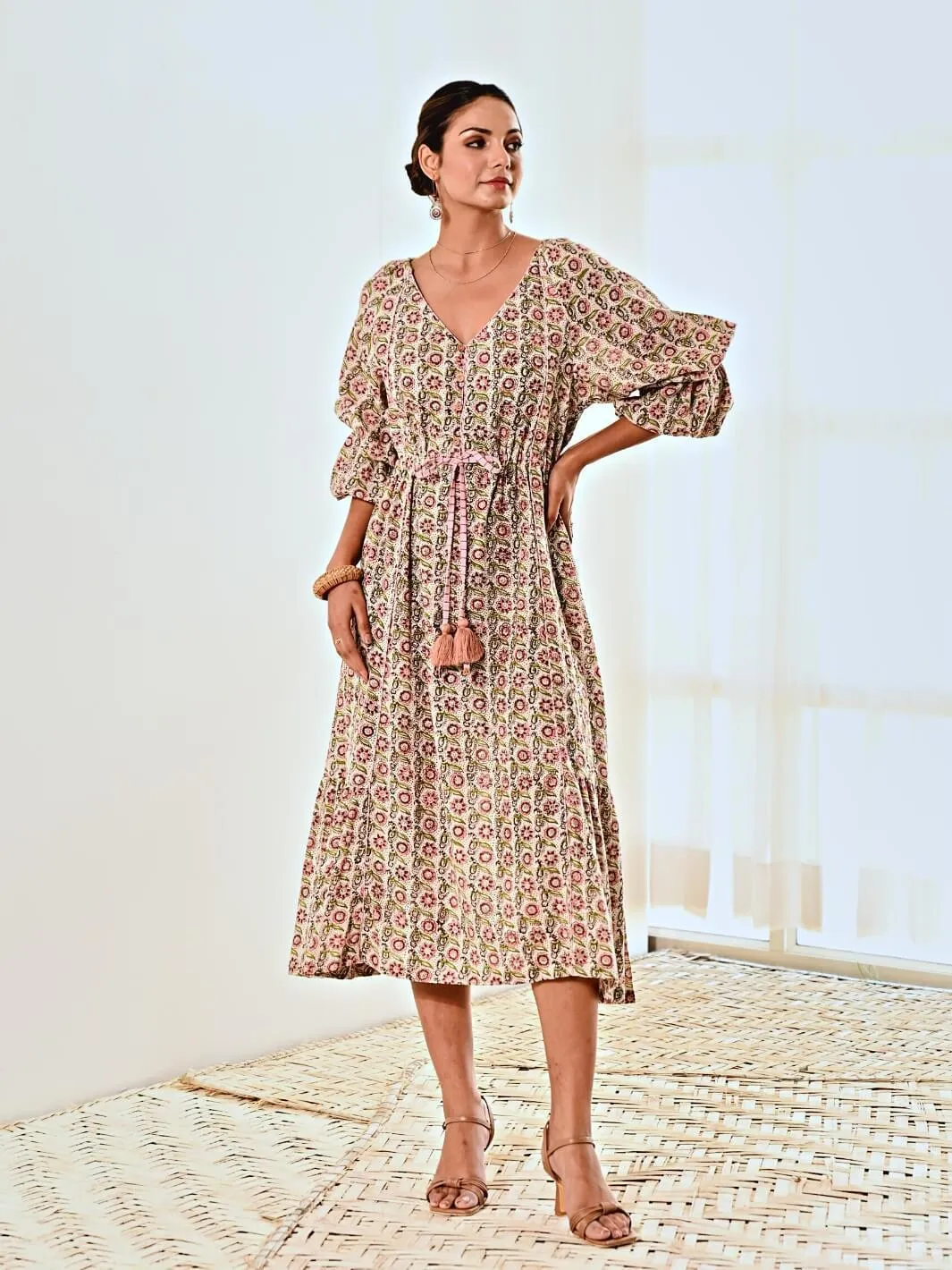 White Cotton Floral Print Maxi Long Dress
