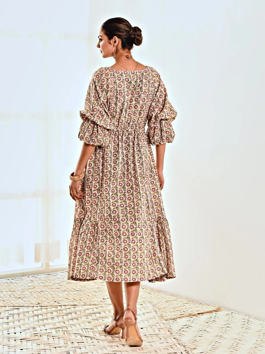 White Cotton Floral Print Maxi Long Dress