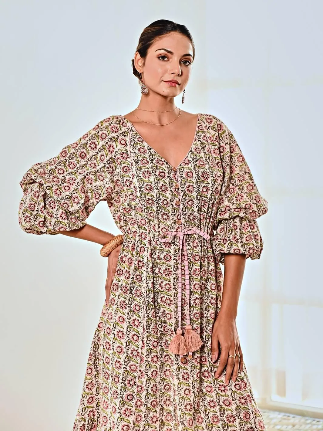 White Cotton Floral Print Maxi Long Dress