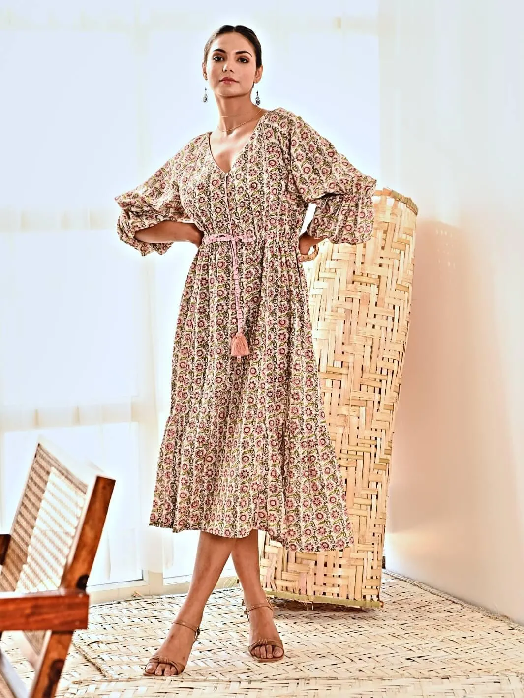 White Cotton Floral Print Maxi Long Dress