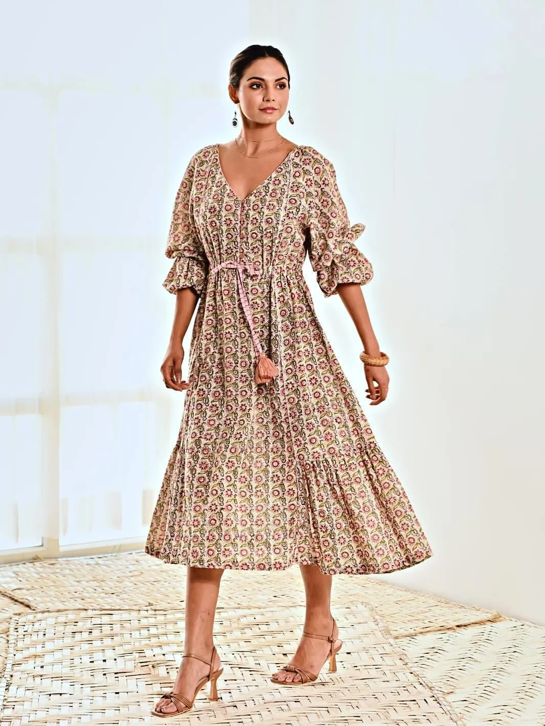 White Cotton Floral Print Maxi Long Dress