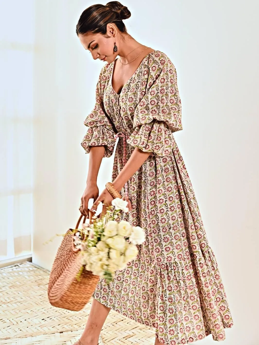 White Cotton Floral Print Maxi Long Dress