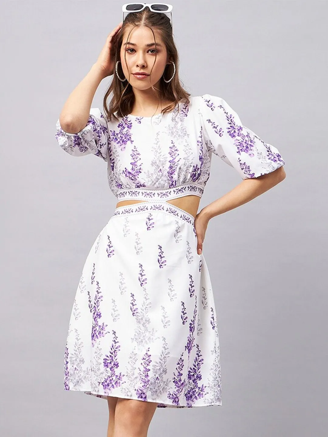 White Floral Round Neck Mini dress