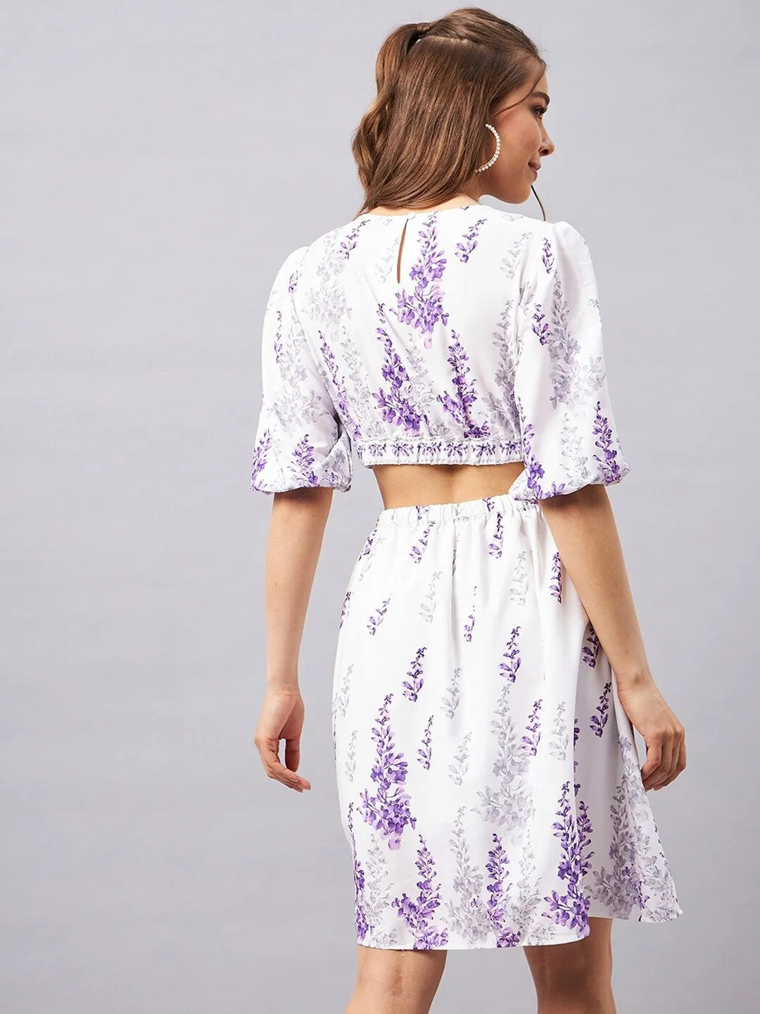 White Floral Round Neck Mini dress