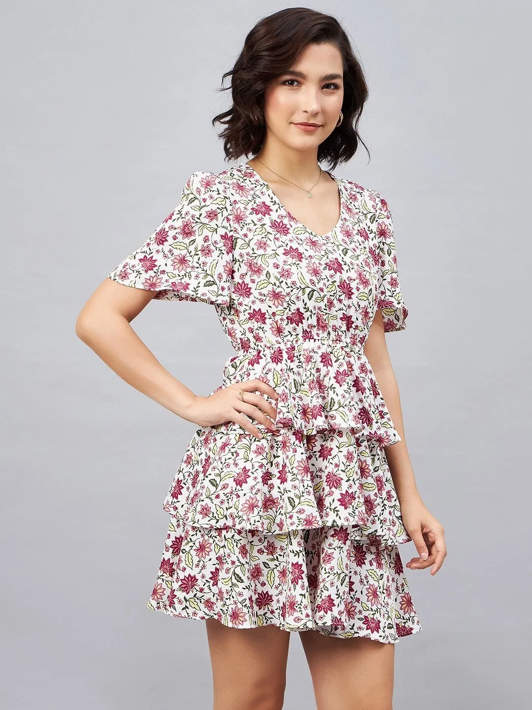 White V neck Fit and Flare Mini Dress