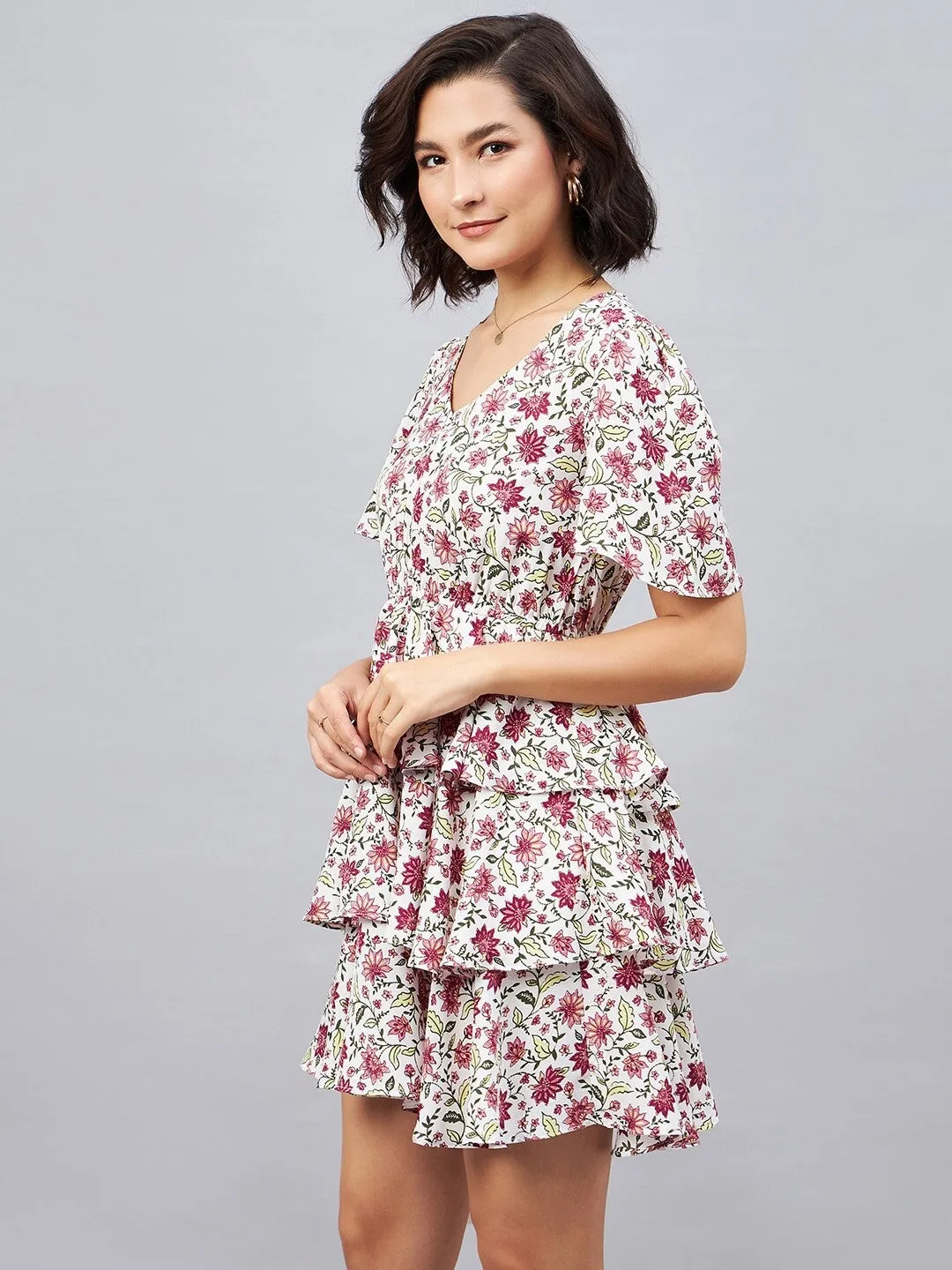 White V neck Fit and Flare Mini Dress