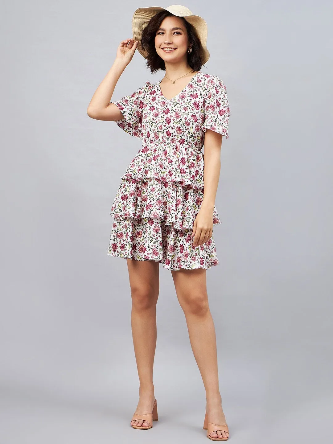 White V neck Fit and Flare Mini Dress