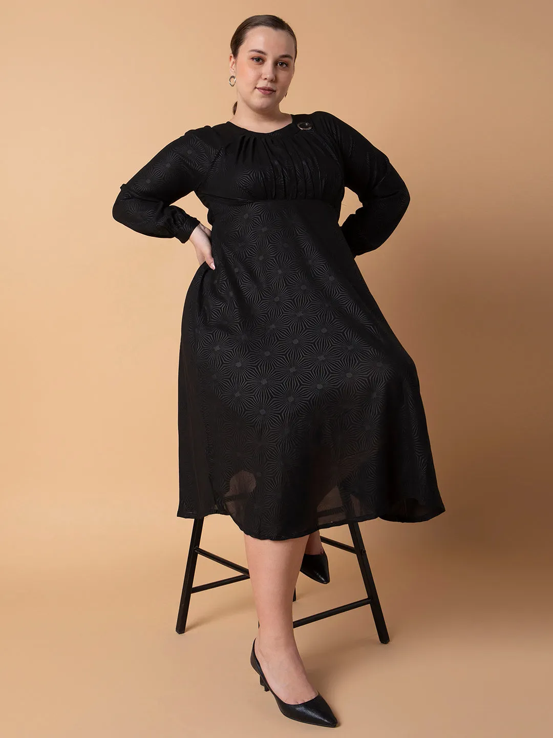 Women Black Fit and Flare Midi Dress