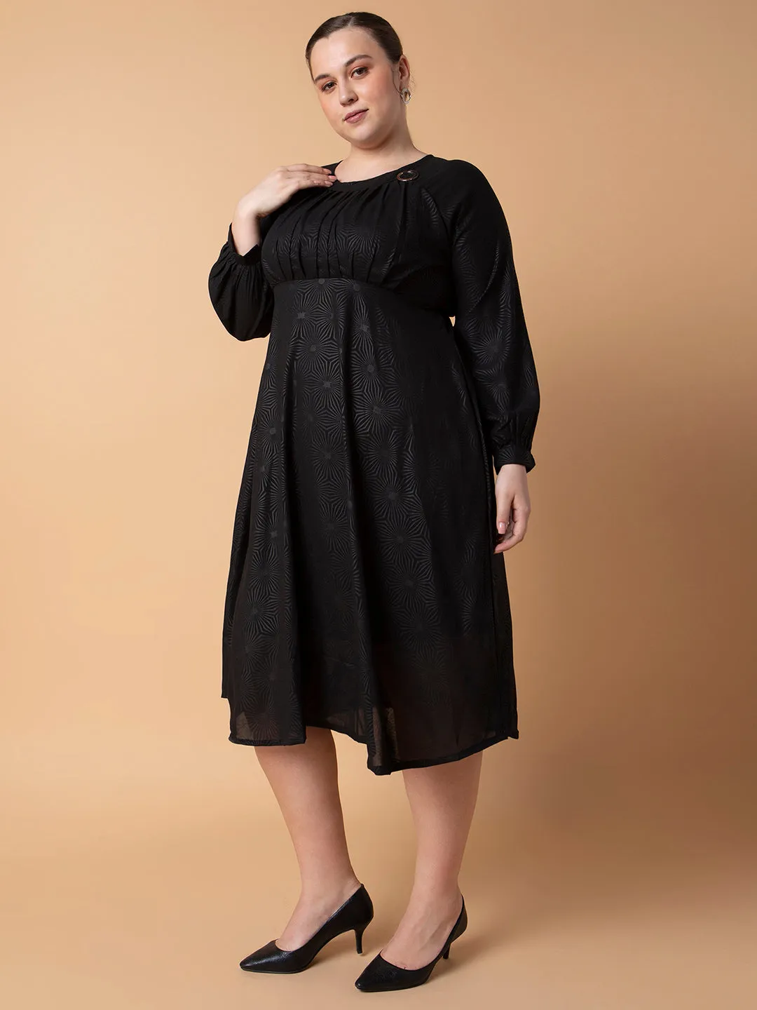 Women Black Fit and Flare Midi Dress